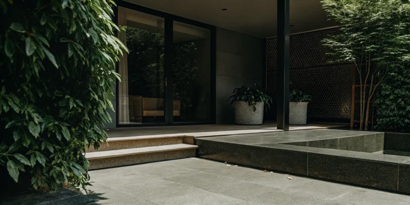 Large gray porcelain pavers on a modern patio with steps and surrounding lush greenery.