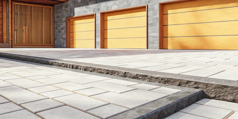 A modern paver stone driveway installed by masonry contractors on Long Island, NY.