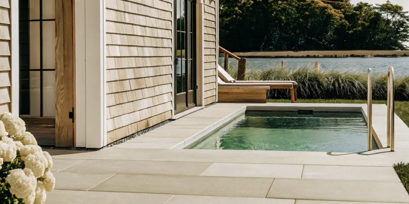 A modern swimming pool and patio built by a Long Island pool contractor.
