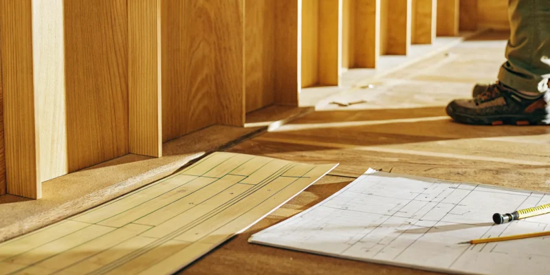 Long Island interior renovation contractor reviewing blueprints for a home remodel.