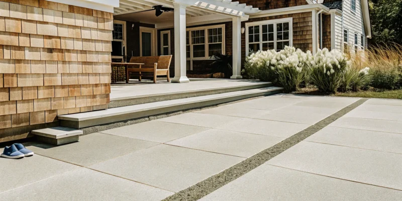 Modern Long Island patio with slip resistant pavers, steps, and outdoor seating.