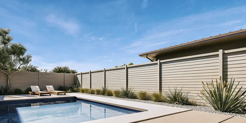 Modern horizontal aluminum privacy fence securing a backyard pool area.