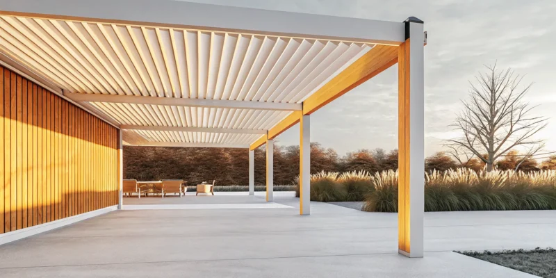 Luxury Long Island backyard with custom pavilion and louvered aluminum pergola featuring outdoor furniture and landscaping