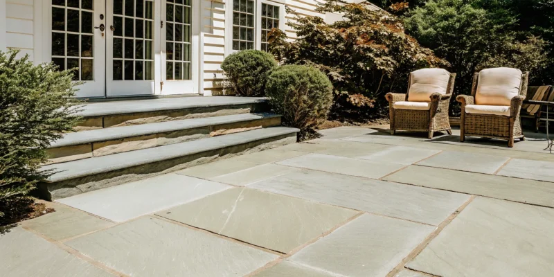 Natural bluestone patio with cleft surface texture on Long Island