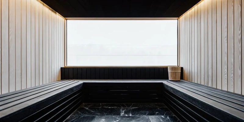 A modern custom cedar sauna with black benches and a large window in a Long Island home.