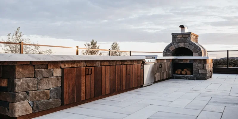 Custom outdoor stone pizza oven on a Long Island patio with outdoor kitchen cabinetry and prep space in natural light