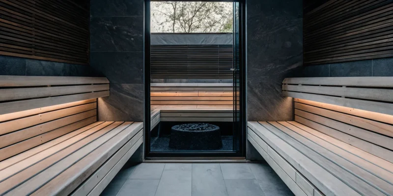 Custom sauna with wood benches and a stone heater built by a Long Island builder.