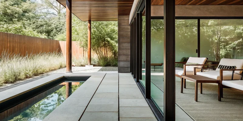 Long Island showroom display of porcelain pavers for a modern patio and pool deck.