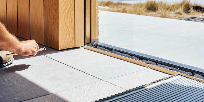 Tile contractor installing an indoor-outdoor tile transition for a Long Island home.