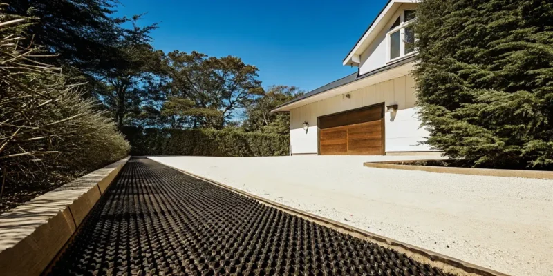 Gravel driveway grid system being installed with decorative gravel on Long Island NY