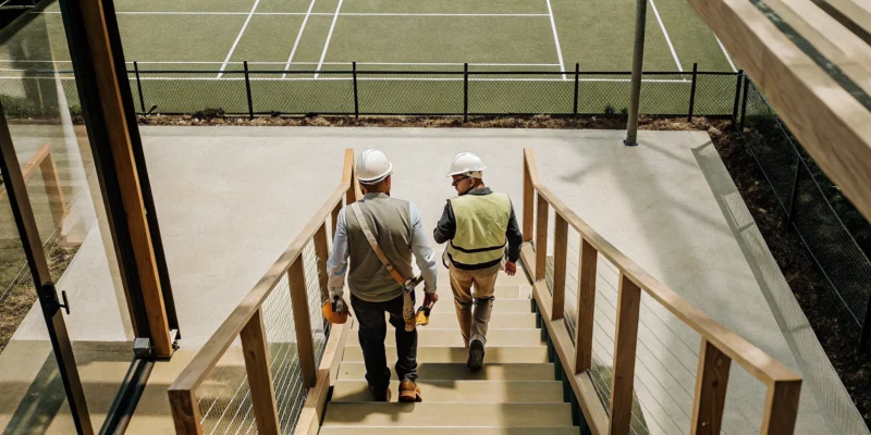 Padel builders on a new court construction site in the Hamptons, East End of Long Island.