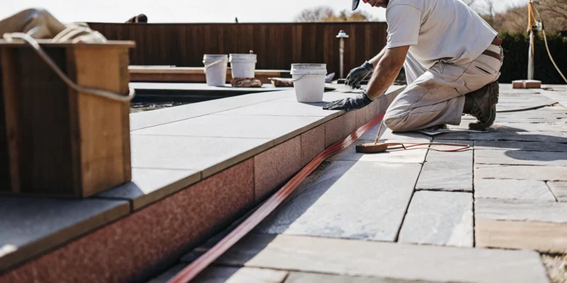 Pool coping installer laying stone pavers around a pool on Long Island.