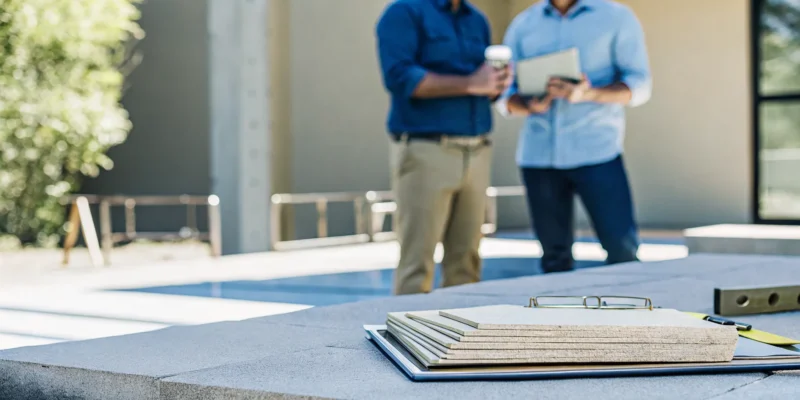 A porcelain paver contractor discussing project plans and material samples with a homeowner.
