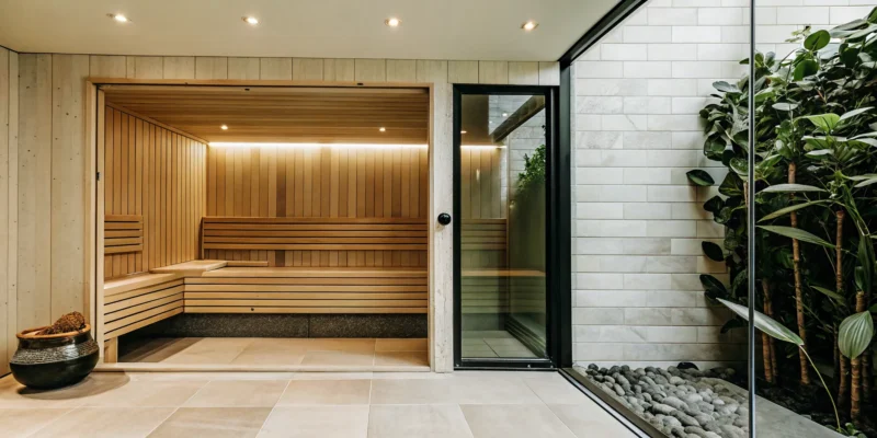 Modern indoor sauna installation with wood paneling and a glass door in Long Island.