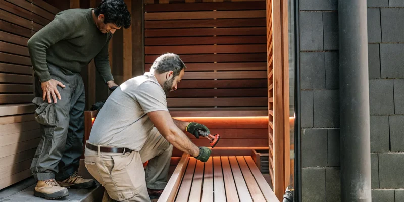 An infrared sauna installer assembles a sauna in a Long Island home.