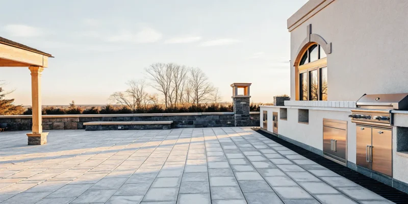 Italian-inspired stone patio with natural stone pavers and outdoor kitchen on Long Island