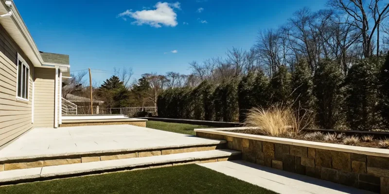 Low-maintenance luxury Long Island landscape with porcelain paver patio, synthetic turf, and evergreen privacy screens
