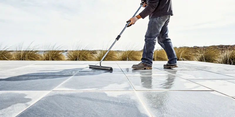 Professional preparing a natural stone patio for sealing on Long Island.