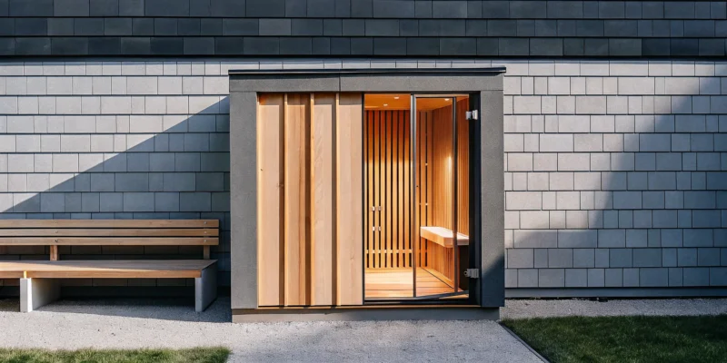 Modern outdoor cabin sauna with a glass door for a home on Long Island.