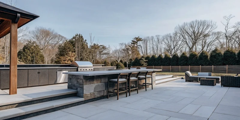 Custom outdoor kitchen with natural stone island and stainless steel grill in a Long Island backyard