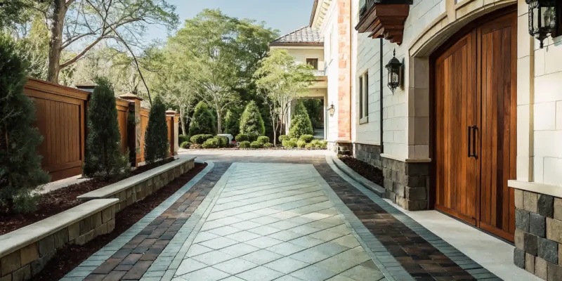 Elegant paver driveway of a Long Island estate home with interlocking stone pattern and manicured landscaping