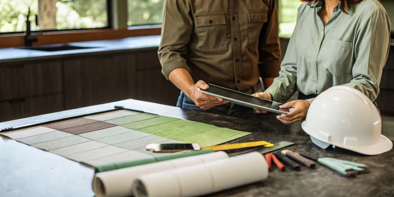 Remodeling contractors planning a kitchen project with material samples and blueprints.