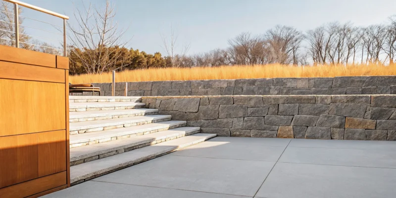 Professional retaining wall construction on a Long Island estate with natural stone