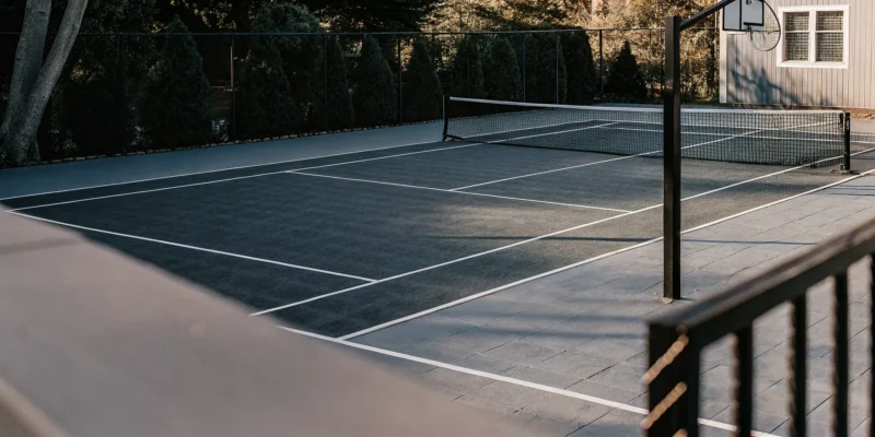 Backyard multi-sport games court with synthetic turf, basketball hoop, and pickleball lines on a sunny day