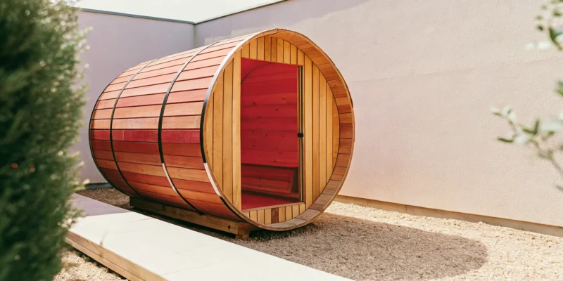 A wooden outdoor barrel sauna installed in a residential backyard.