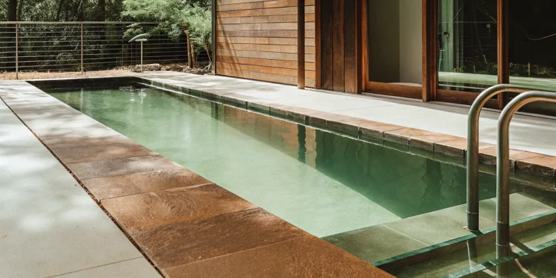 A light-colored travertine pool deck surrounding a modern swimming pool.