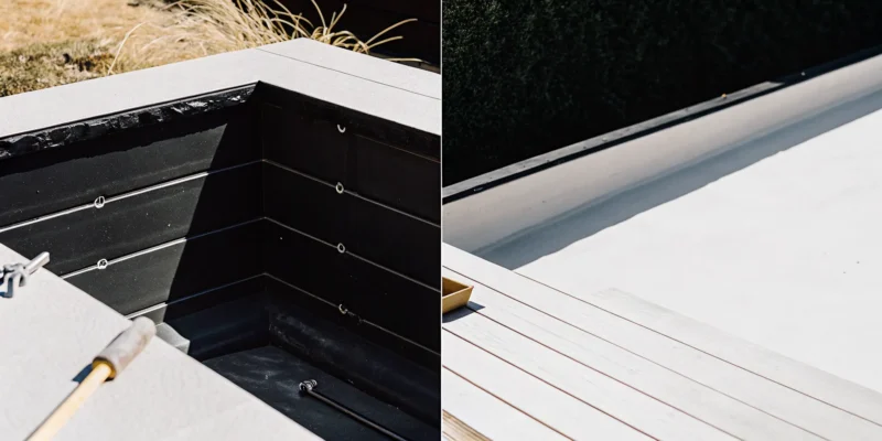 Vinyl liner pool installation with a new liner being set over wall panels.