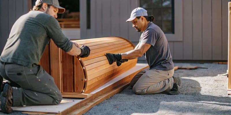 Barrel sauna installation in progress on Long Island.