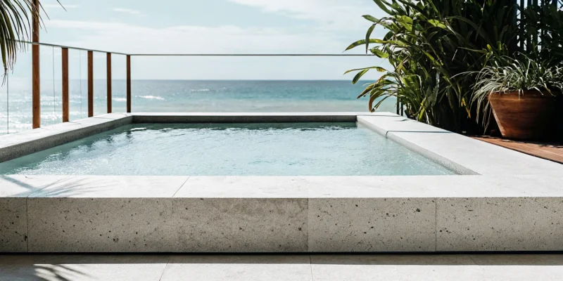A modern pool with a deep blue Hydrazzo finish, one of many popular colors available.
