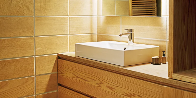Bathroom remodel ideas showing a modern design with a wood vanity, vessel sink, and beige tile.