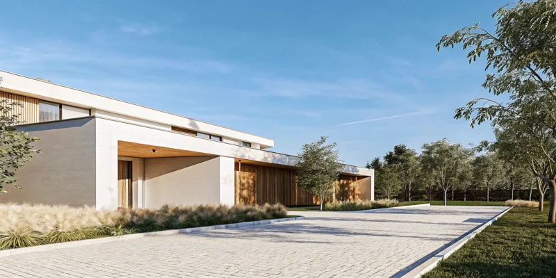 Modern paver driveway design idea with minimalist landscaping.
