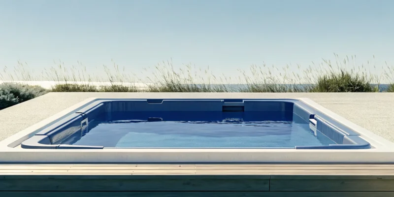 Budget-friendly swim spa installation with an above-ground unit and simple wood deck.