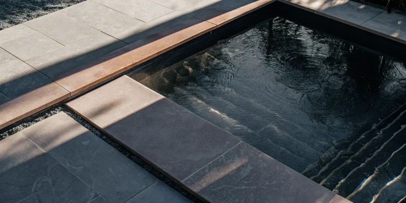 Above ground swim spa landscaping idea with a modern stone paver patio and evergreen shrubs.
