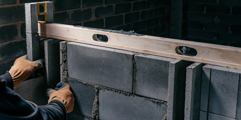 Building a concrete block wall with mortar and a level.