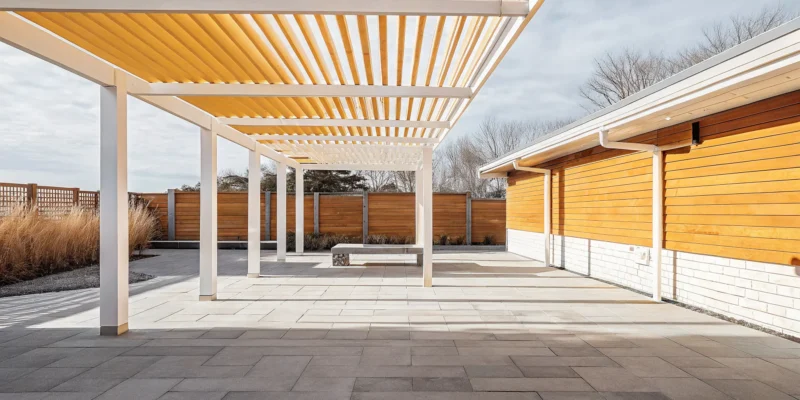 Modern covered patio structure with a white pergola on Long Island.