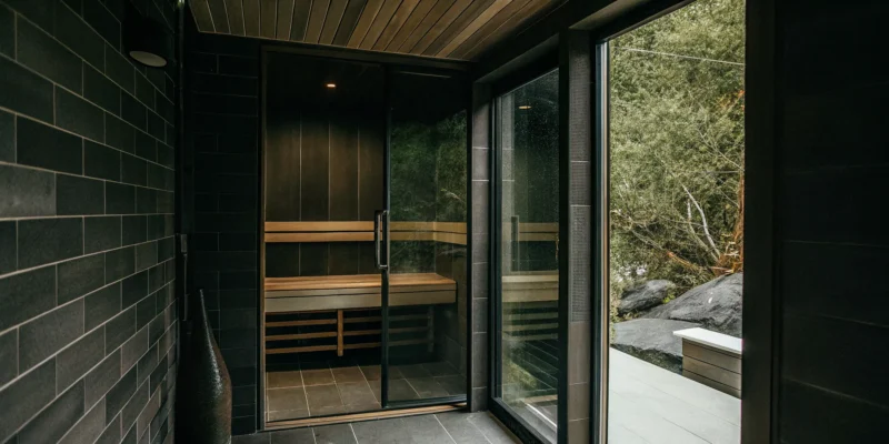 A modern electric sauna with a wood bench after its installation in a Long Island home.