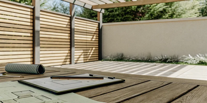 Custom pergola design plans on a table under a modern wood pergola.