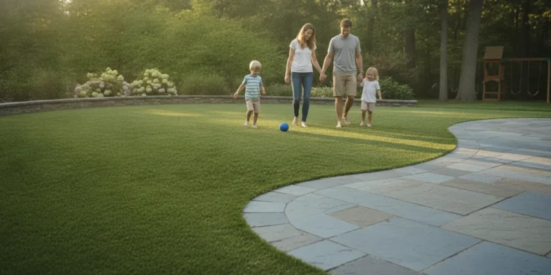Lush artificial grass lawn beside a natural bluestone paver patio on a Long Island backyard