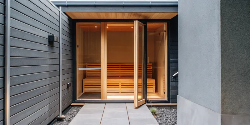 Modern backyard sauna with a glass door installed by a professional Long Island installer.