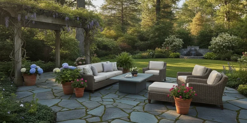 Natural bluestone patio in a lush Long Island backyard with grey-blue flagstones and outdoor seating
