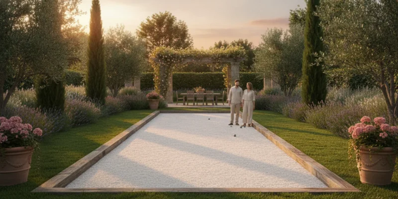 Backyard bocce ball court with crushed oyster shell playing surface on Long Island