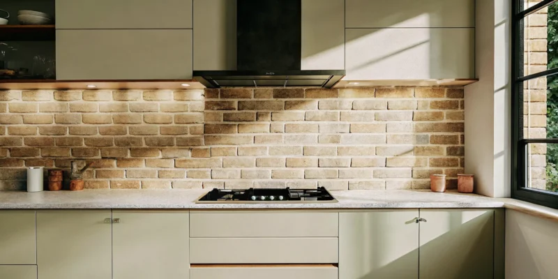 Modern kitchen with a brick veneer wall backsplash.