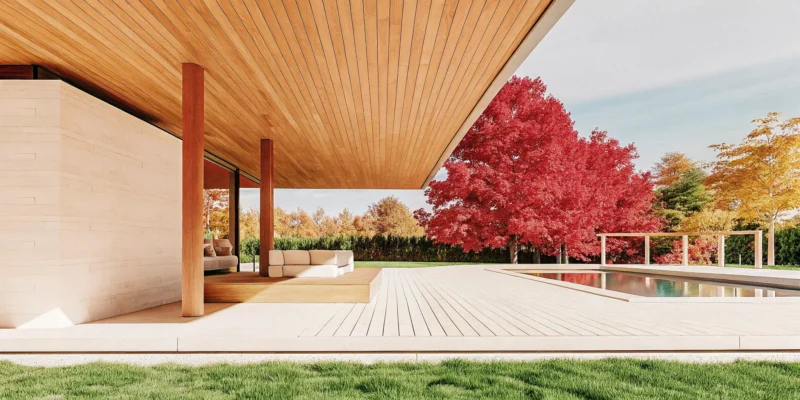 Modern poolside pavilion with wood accents, built by a custom builder in Long Island.