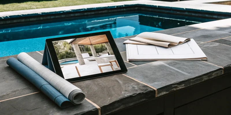 Outdoor kitchen contractor in Suffolk County reviewing design plans on a tablet.