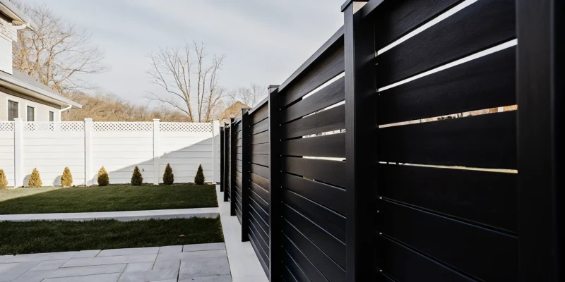 Modern composite privacy fence and aluminum gate beside a landscaped bluestone patio on Long Island