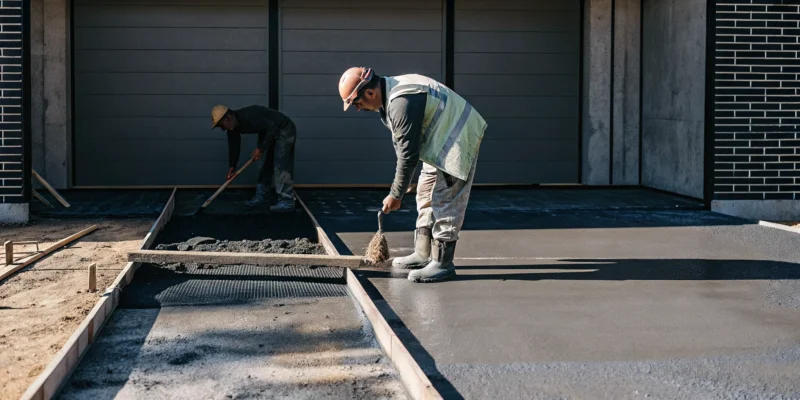 Concrete driveway installation services with a team smoothing the freshly poured concrete.